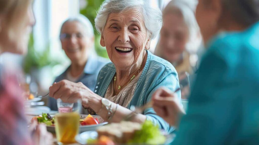 Senior residents discussing concerns with a staff member in a bright, comfortable community lounge.